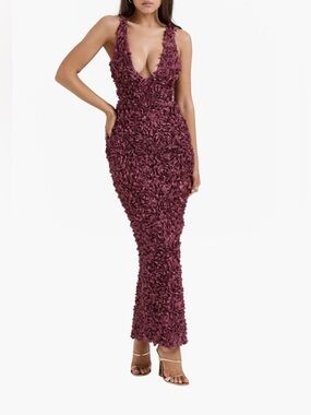 House of CB “Carena” Burgundy Floral 3D Texture Maxi Dress